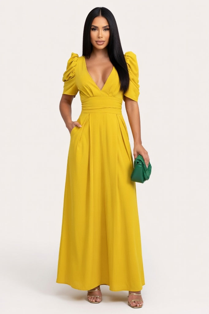V-Neck Puff Sleeve Wide Leg Jumpsuit — Yellow