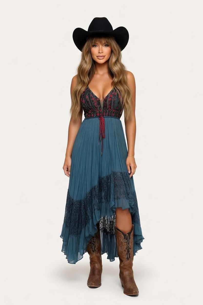 Denim Lace Splice Midi Dress — front view