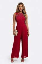 Embellished Wide-Leg Jumpsuit — Burgundy