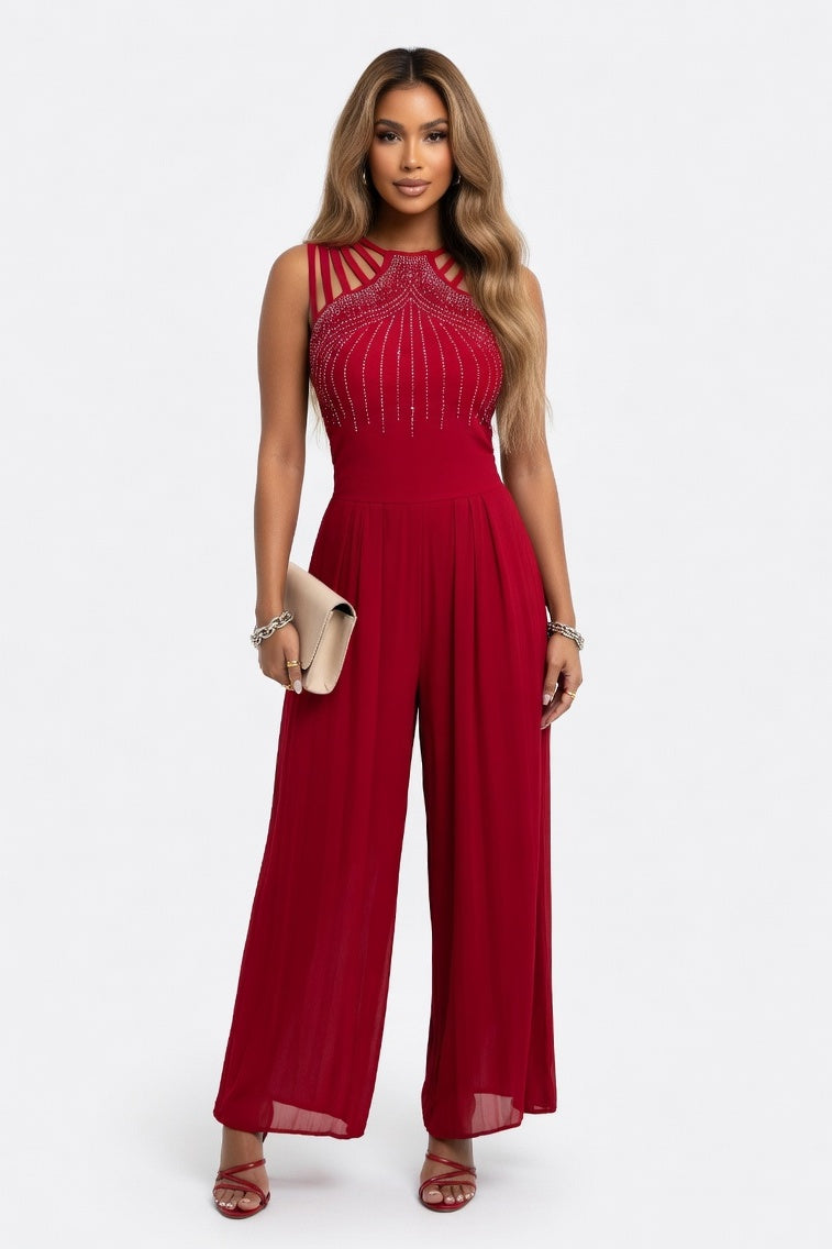 Embellished Wide-Leg Jumpsuit — Burgundy