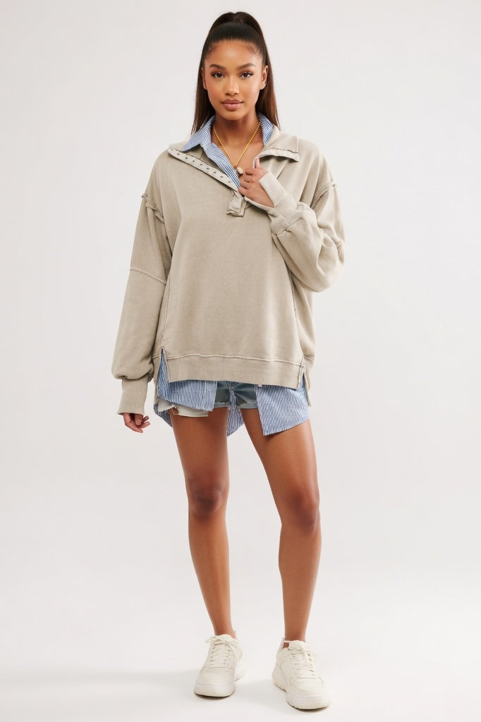 Oversized Sweatshirt with Slit Lapels — Apricot