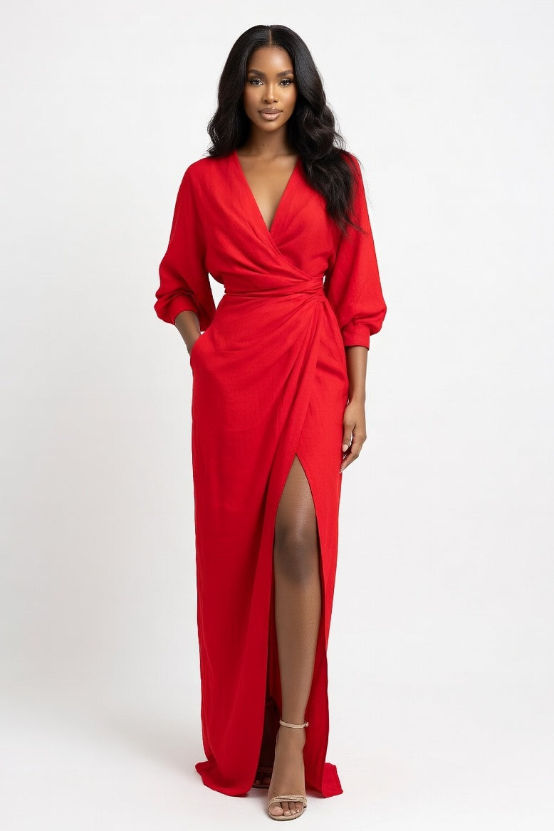 V-Neck Maxi Dress with Side Split — Red