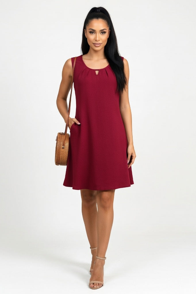 Pleated Pocket Dress — Burgundy