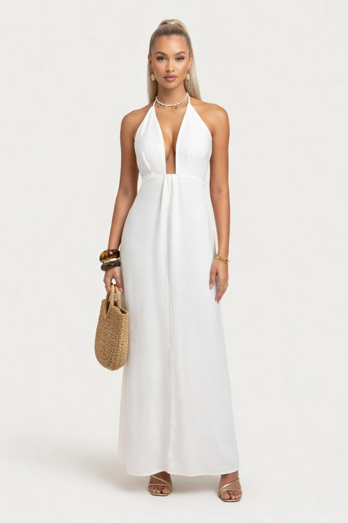 Halter Neck Deep V Backless Dress — front view
