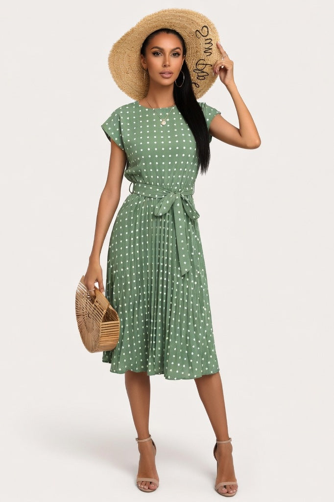 Polka Dot Pleated Dress — Mint Green