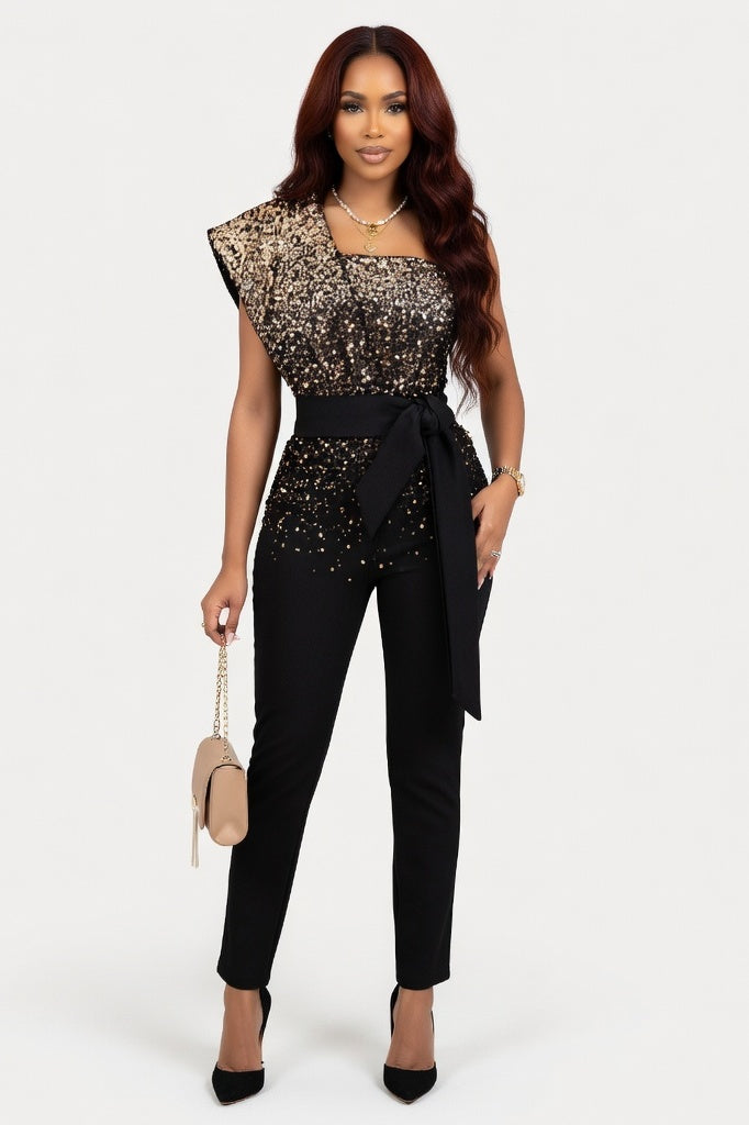 Sequin Sleeveless Jumpsuit — Gold Print