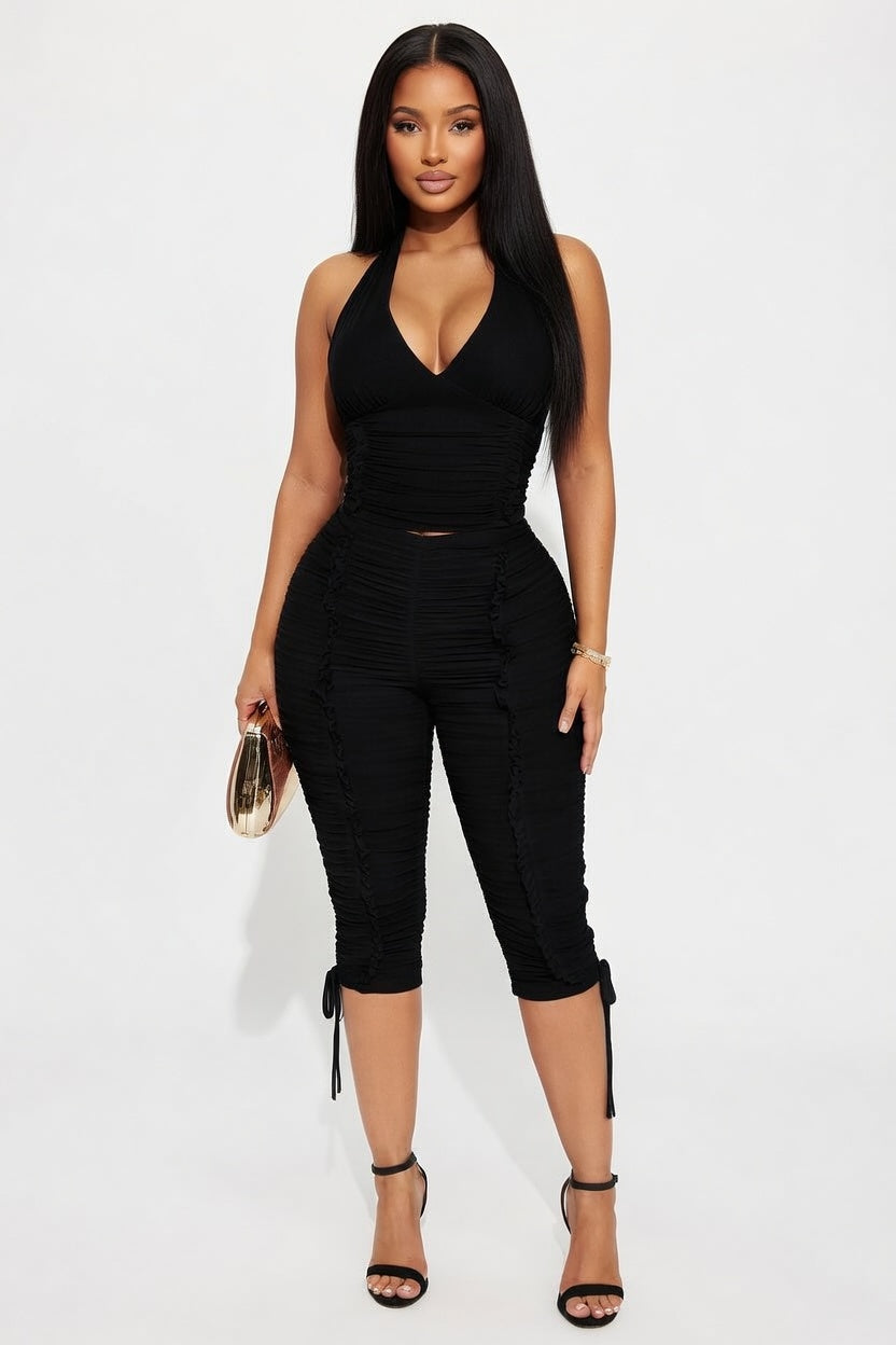 Deep V Halter Top & Cropped Pants Co-ord Set — front view