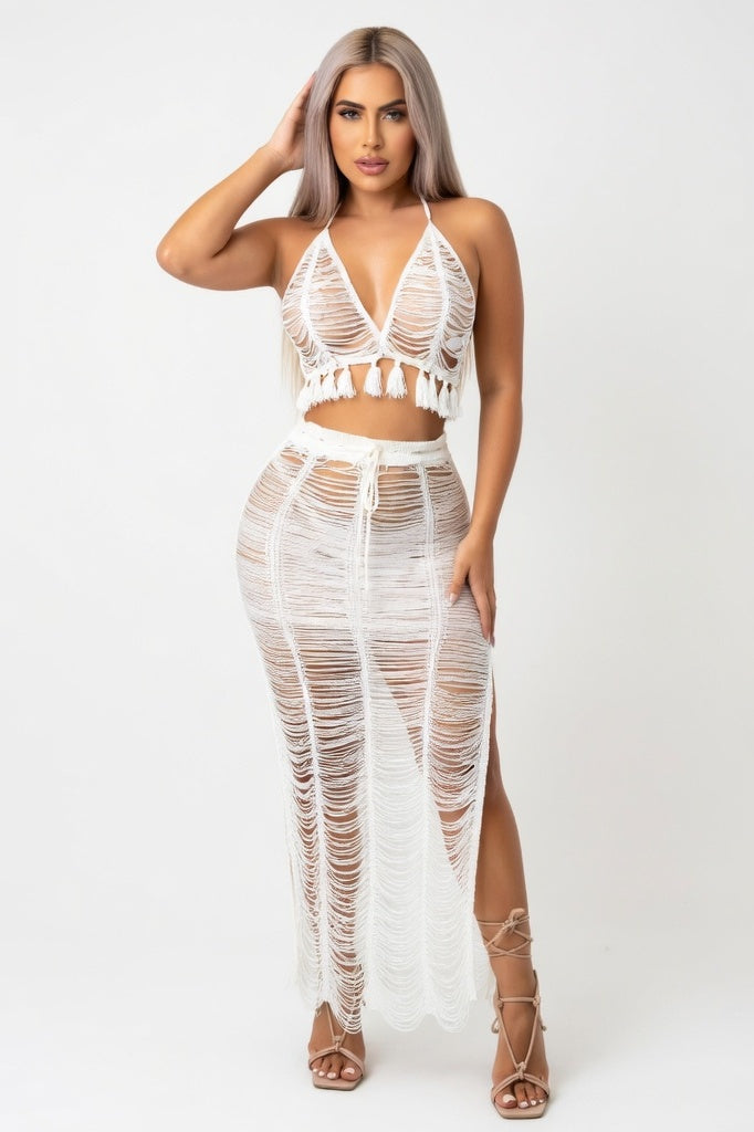 Tassel Bandeau & Skirt Co-ord Set — White