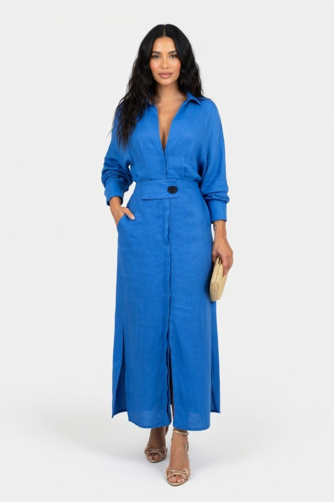 V-Neck Shirt Dress — Blue
