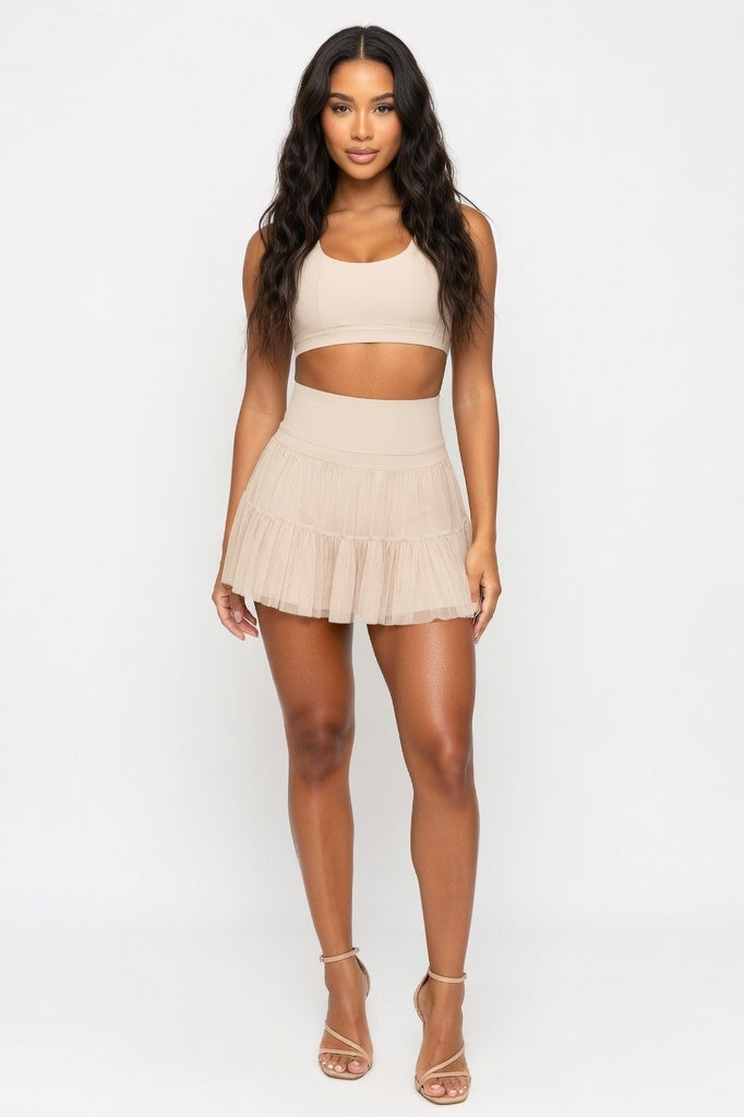 High Waisted Mini Skirt with Safety Shorts — Apricot