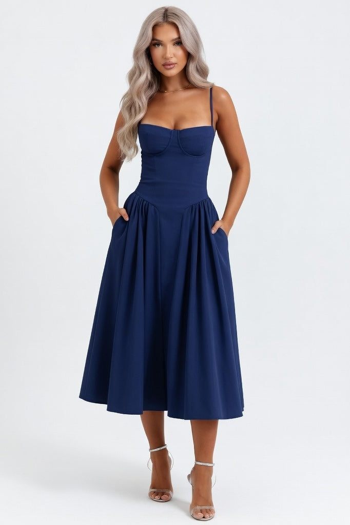 Halter Midi Dress — Navy Blue