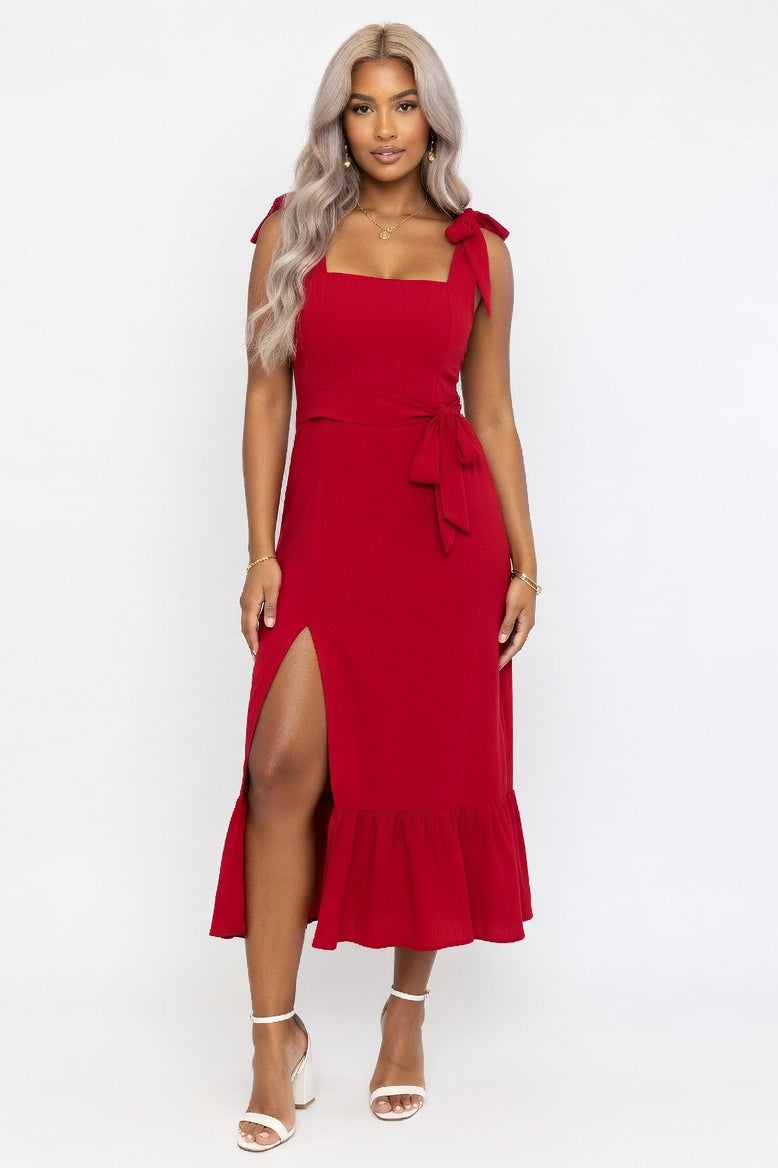 Lace-Up Ruffle Dress — Burgundy