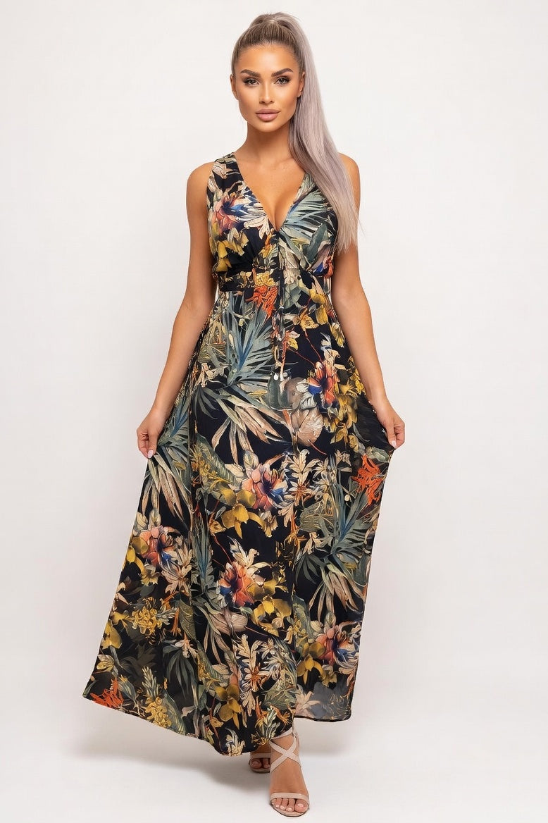 Printed Open Back Strap Dress — Black Print