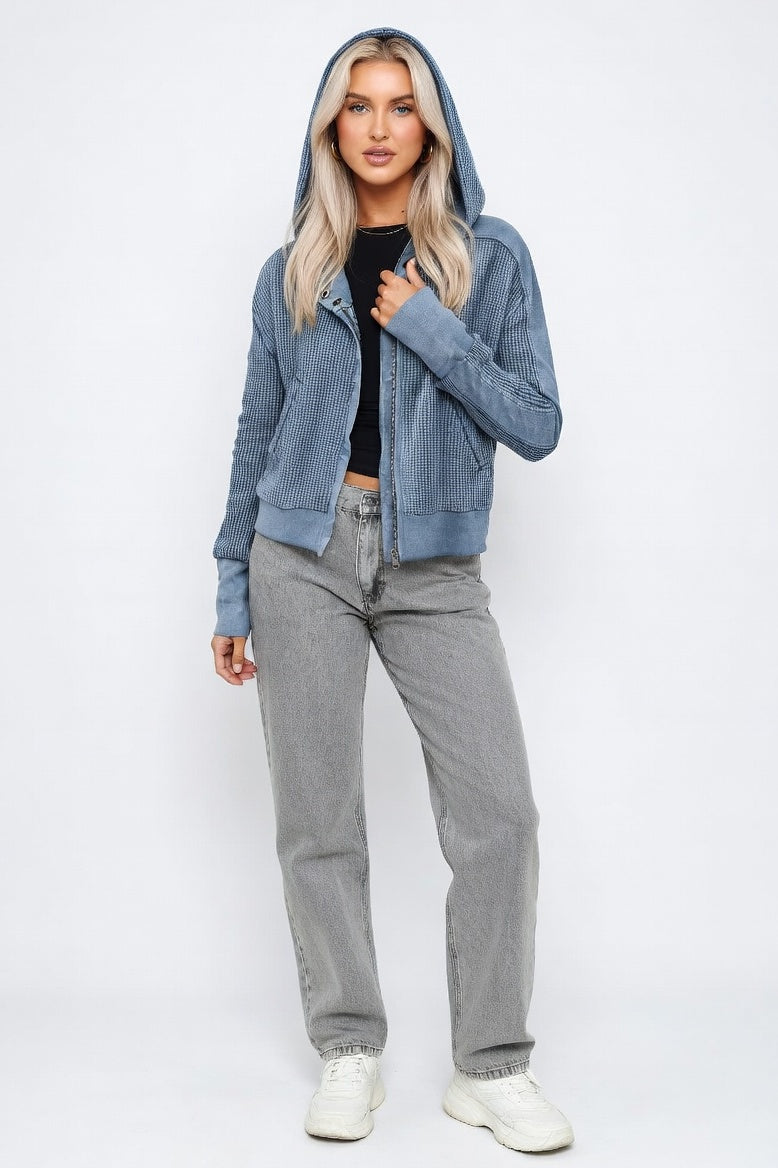 Waffle Knit Zip Hoodie — Blue
