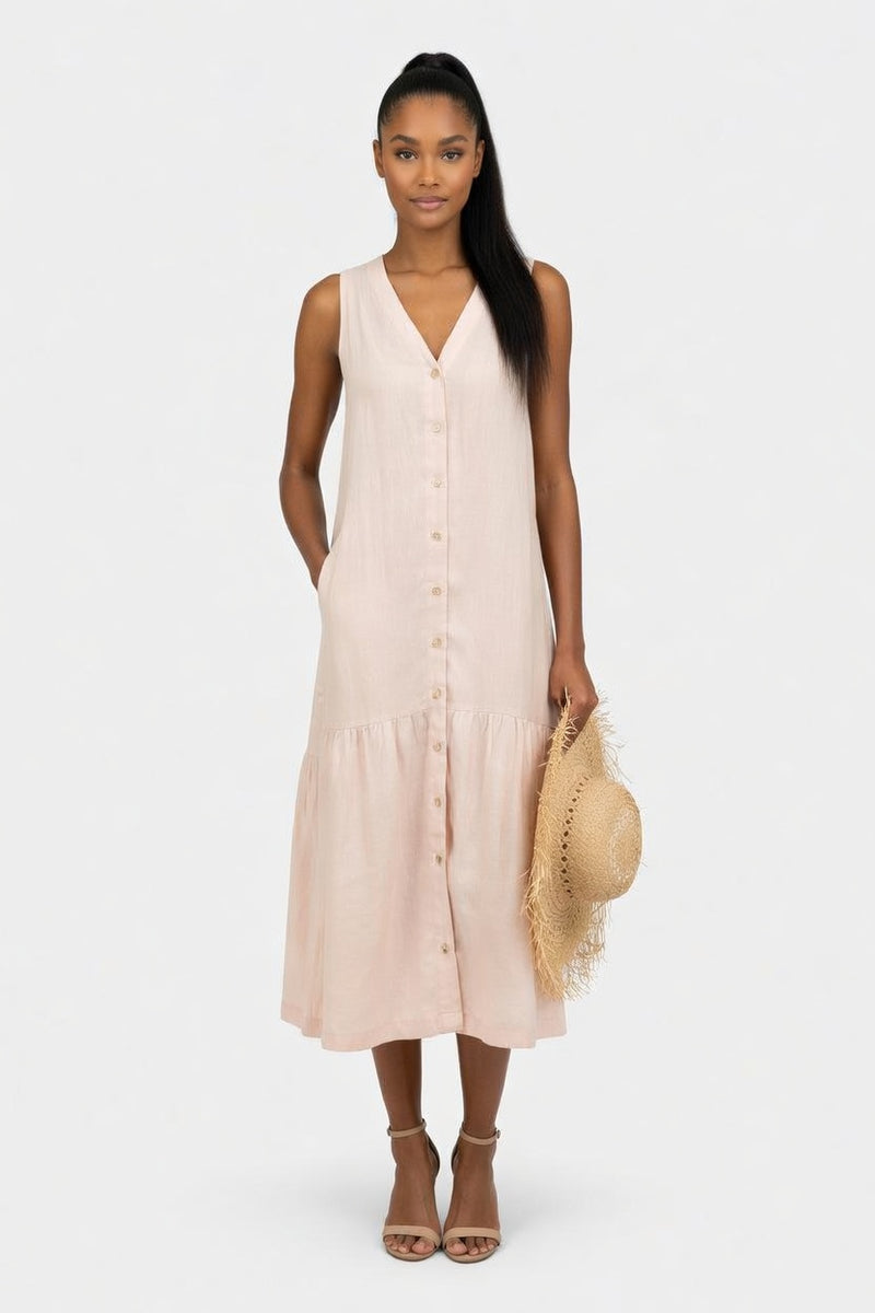 Linen V-Neck Maxi Dress — front view