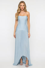 Striped Tube Top Pleated Dress — Sky Blue