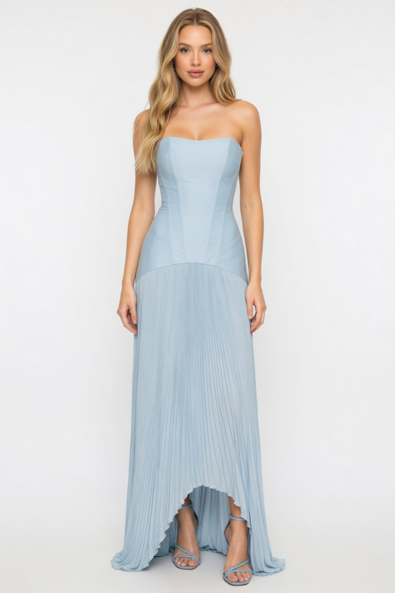 Striped Tube Top Pleated Dress — Sky Blue