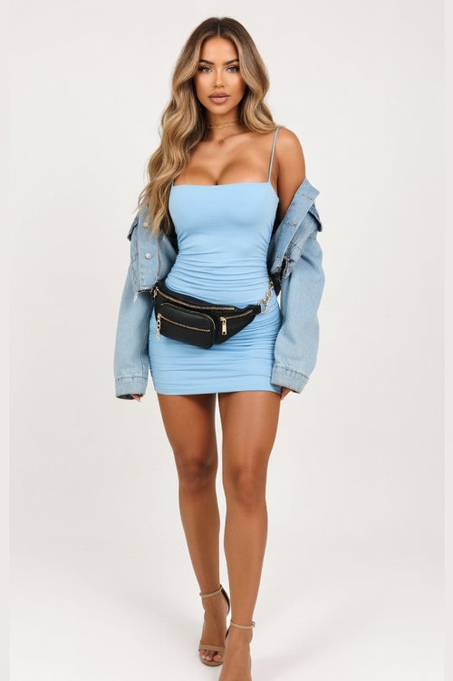 Halter Pleated Mini Dress — Light Blue