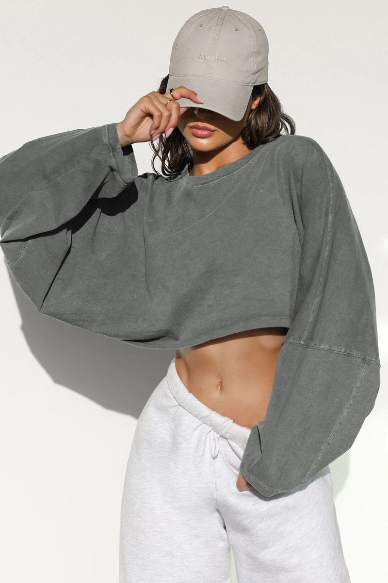 Cropped Long Sleeve Top — Light Grey — colour variant