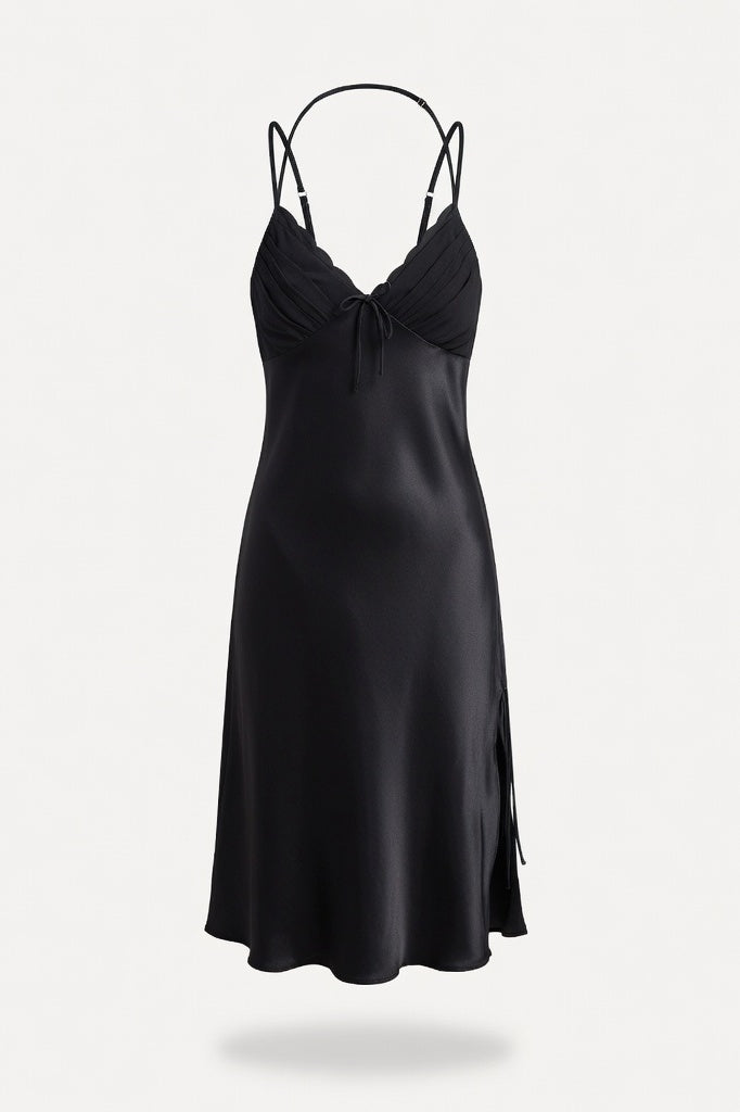 Silk Slip Nightdress with Bow Ties — Black