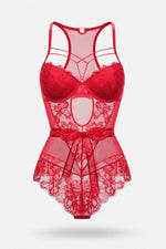 Lace Bodycon Jumpsuit with Bow Detail — Red