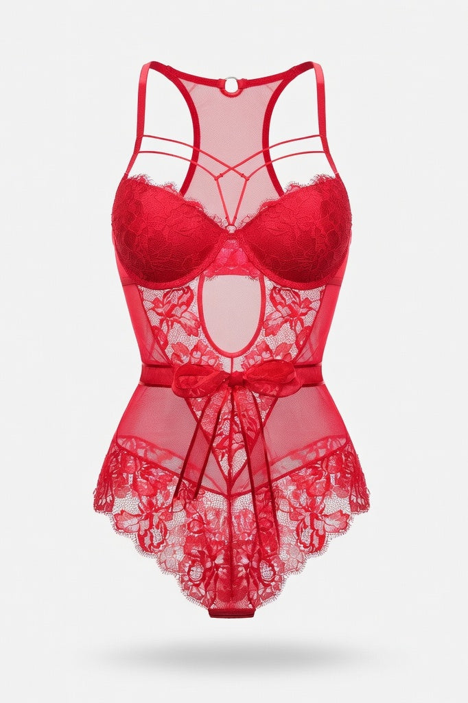 Lace Bodycon Jumpsuit with Bow Detail — Red