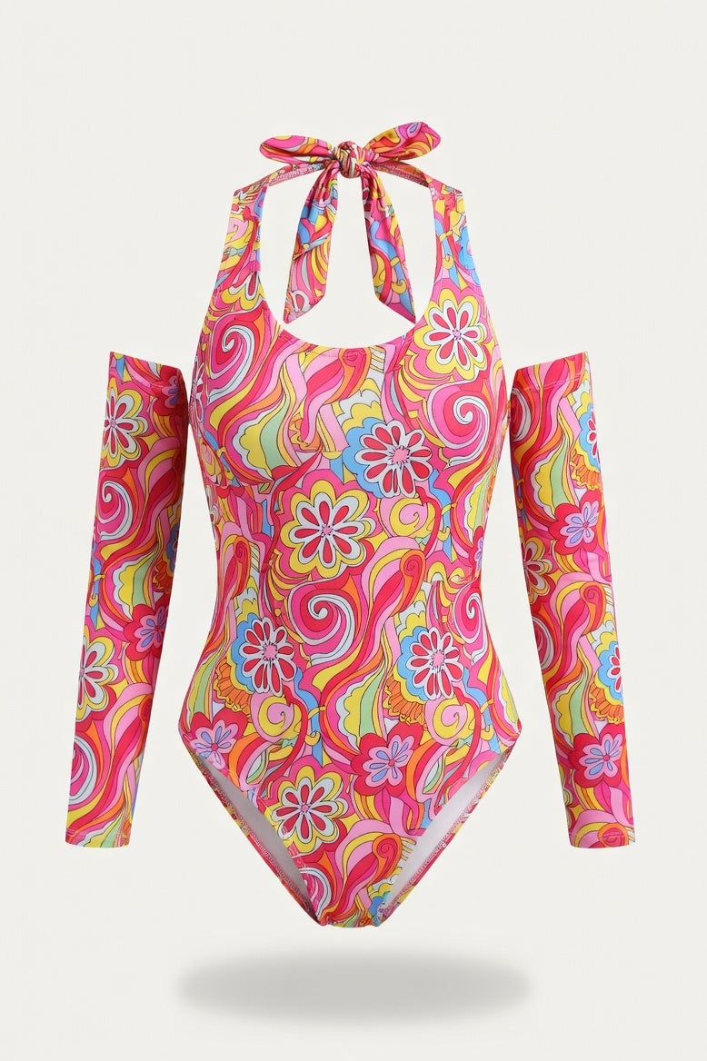 Printed Long-Sleeve Swimsuit — Red