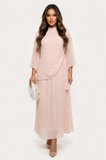 Stand Collar Pleated Trumpet Sleeve Dress — front view