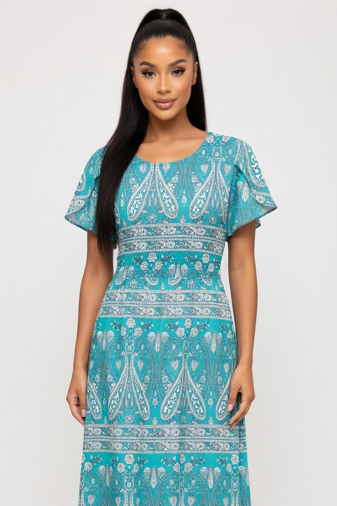 Printed Midi Dress with Petal Sleeves — Colour 5