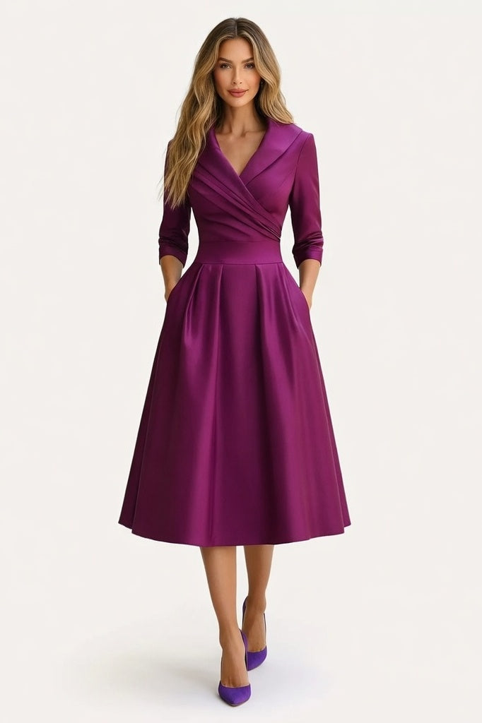 Satin Lapel Shirt Dress — Purple Red