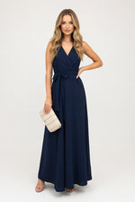 Lace-Up V-Neck Maxi Dress — Navy Blue