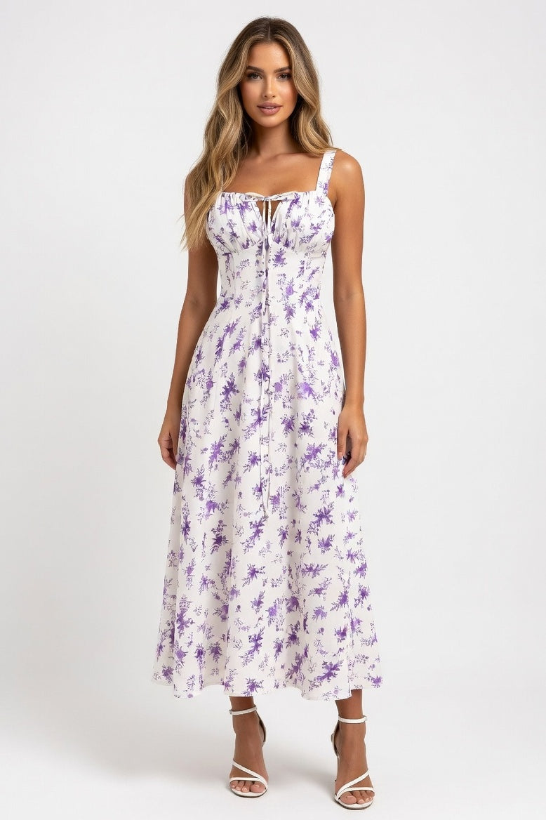 Printed Halter Midi Dress — Purple Print