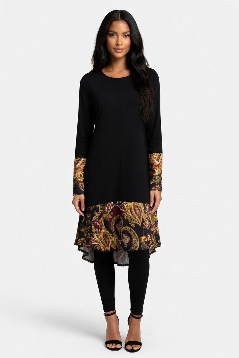 Printed Long Sleeve Midi Dress — Black Classic Print
