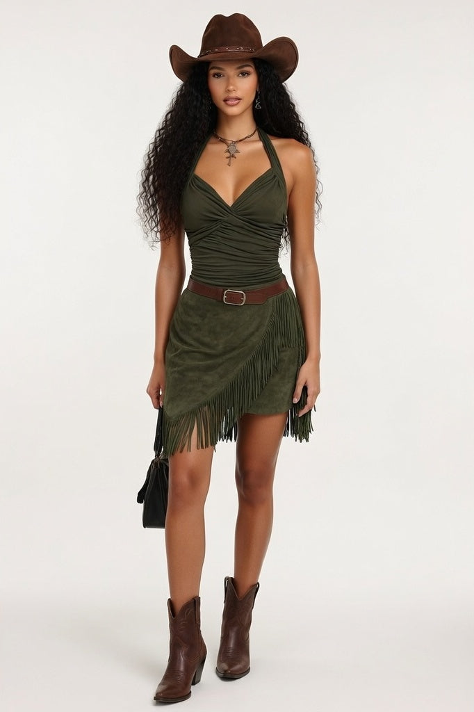 Tassel Halterneck Dress — Army Green