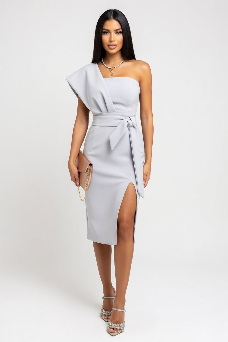 Off Shoulder Bodycon Dress with Side Slit — Grey