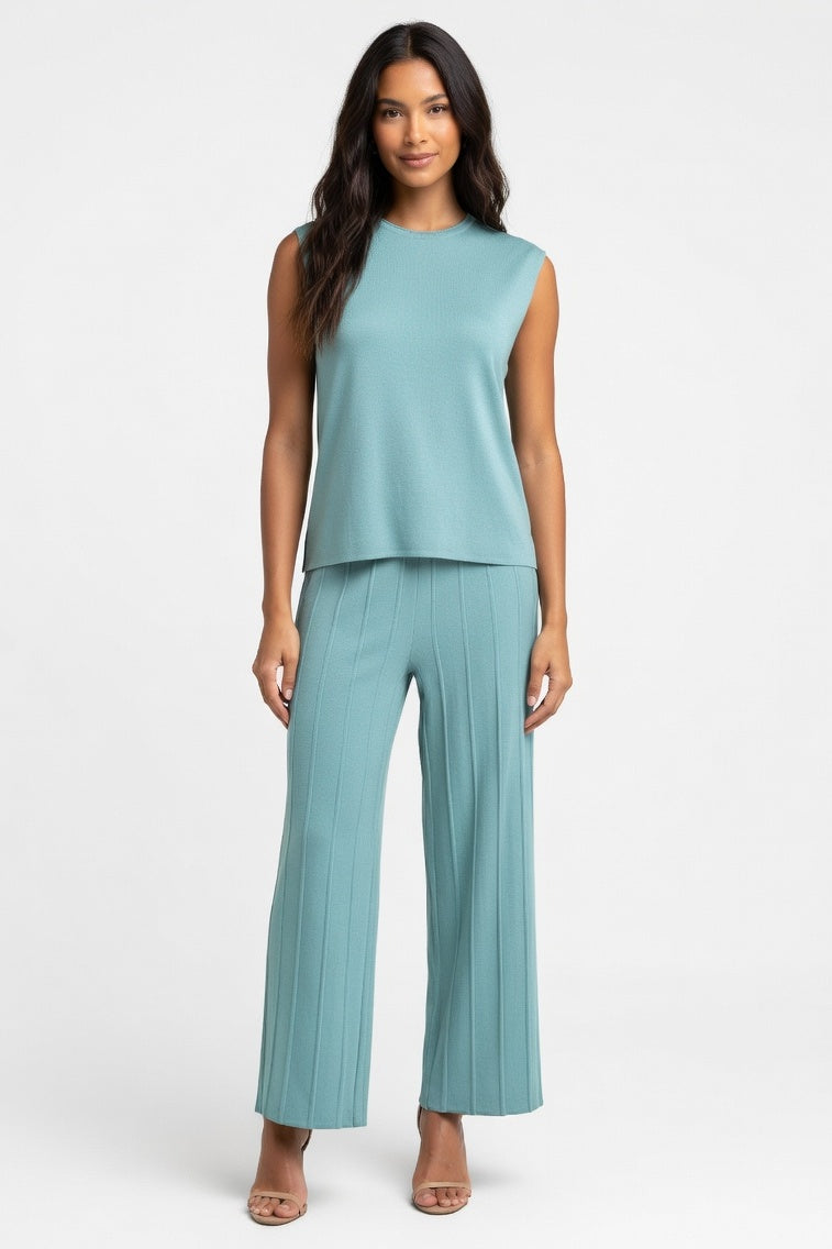 Knitted Co-ord Set Sleeveless Vest + Wide Leg Trousers — Lake Blue