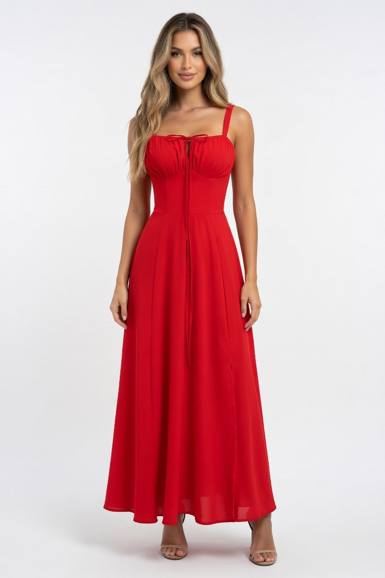 Printed Strappy Midi Dress — Red
