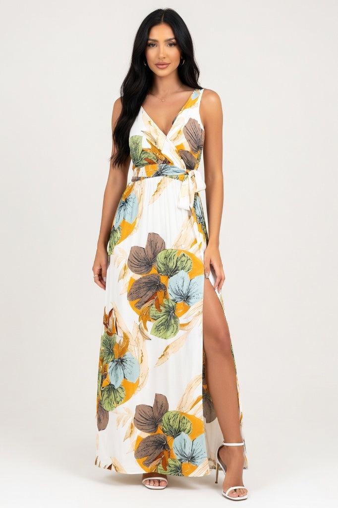 Printed V-Neck Sleeveless Dress — White