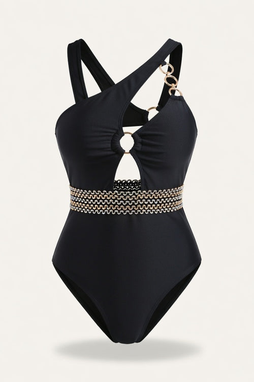One-Shoulder Cut-Out Swimsuit — Black