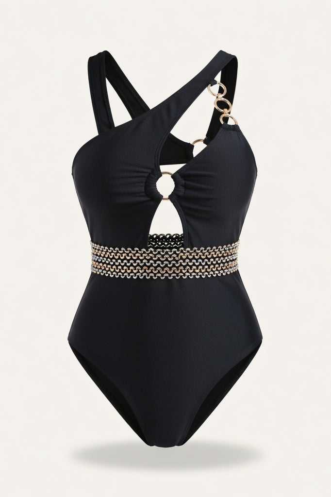 One-Shoulder Cut-Out Swimsuit — Black