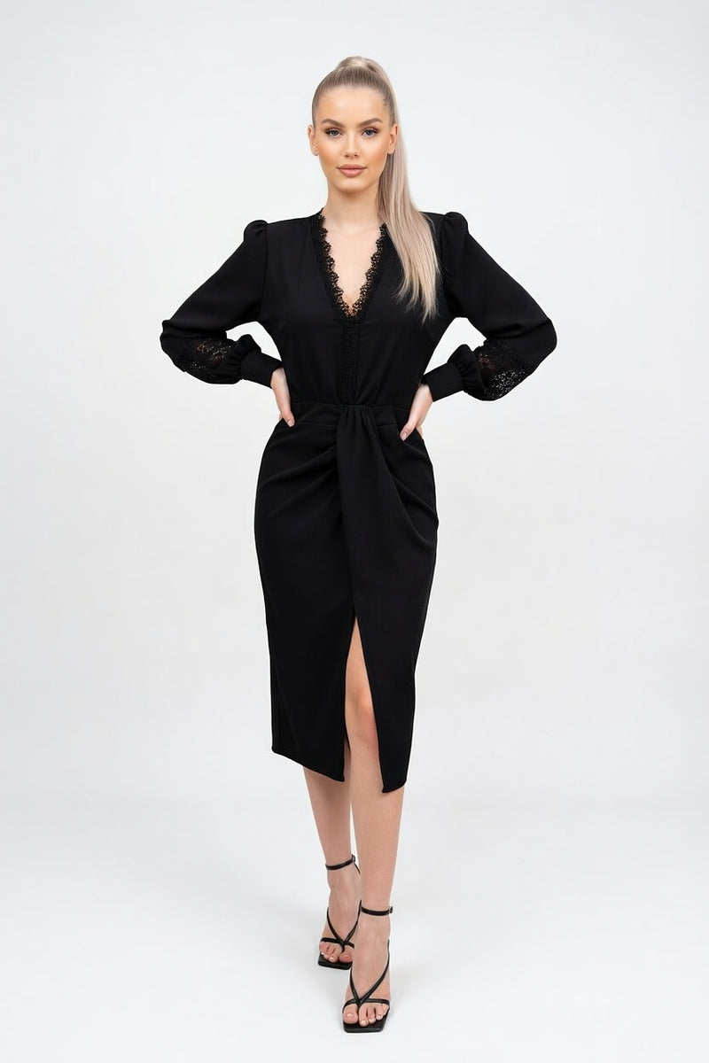 V-Neck Lace Midi Dress — front view