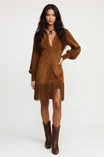 Suede V-Neck Mini Dress — Chestnut