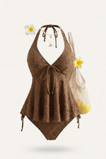 Lace Halter Swimsuit with Ruffle Detail — Coffee