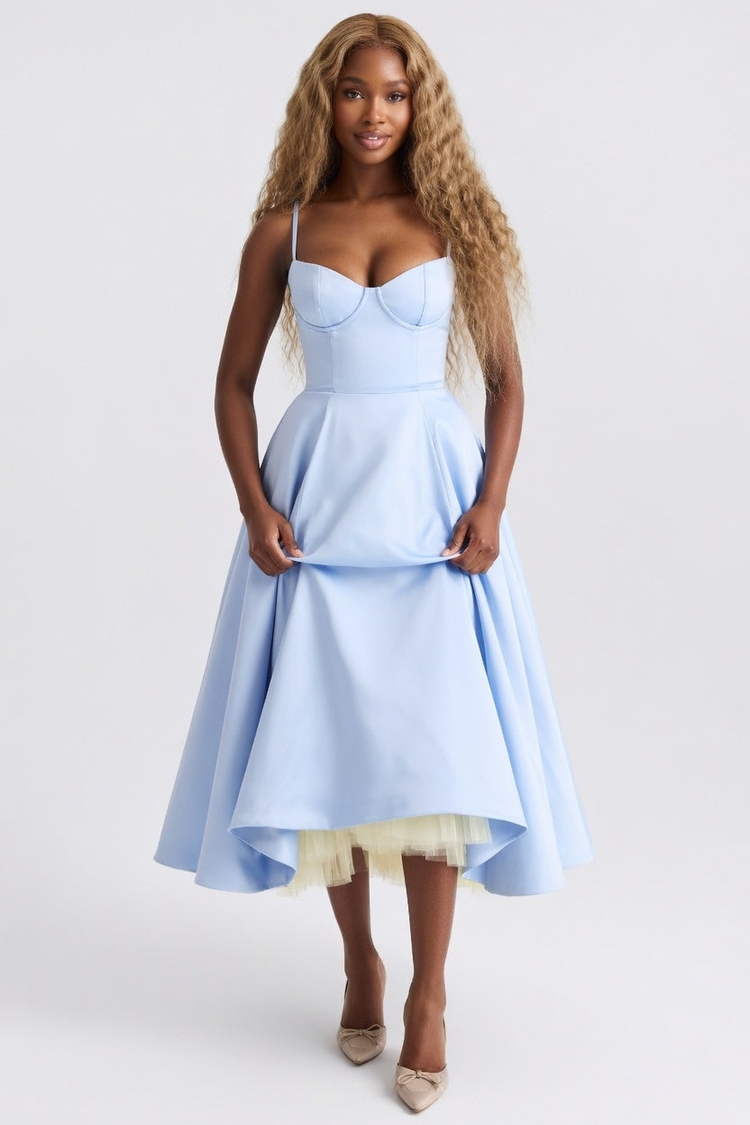 Double Layer Mesh Halter Dress — Light Blue