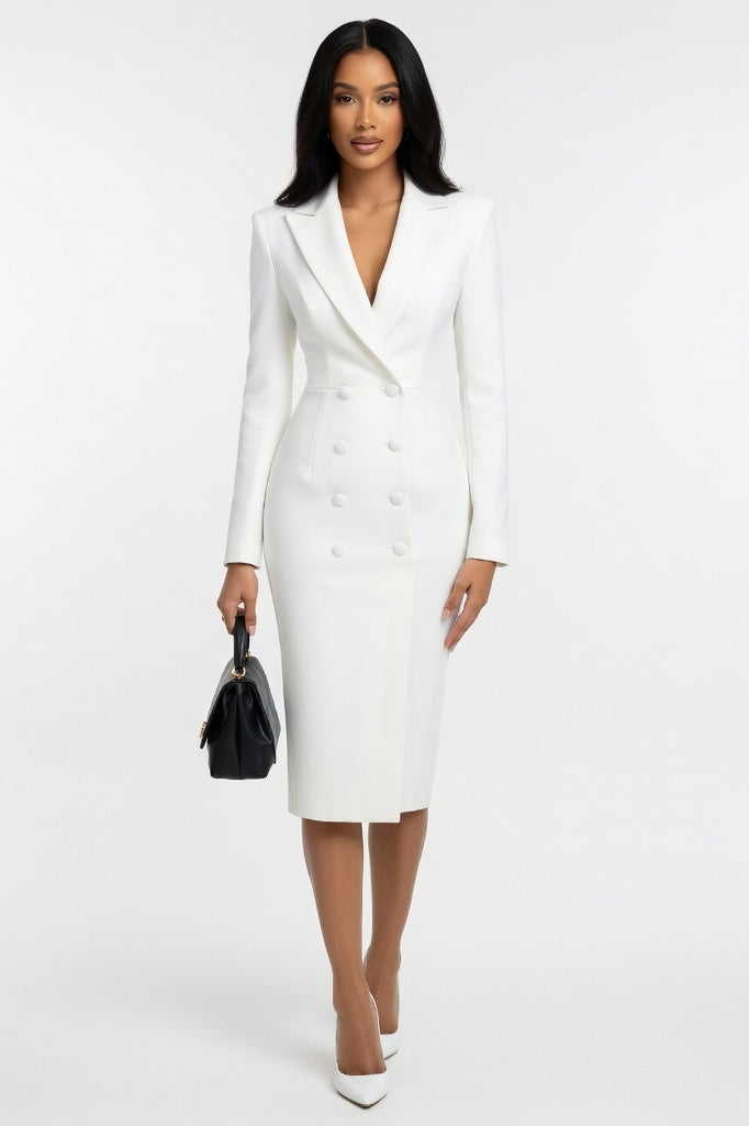 V-Neck Double Breasted Dress — White