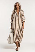 Striped V-Neck Shirt Dress — Dark Brown