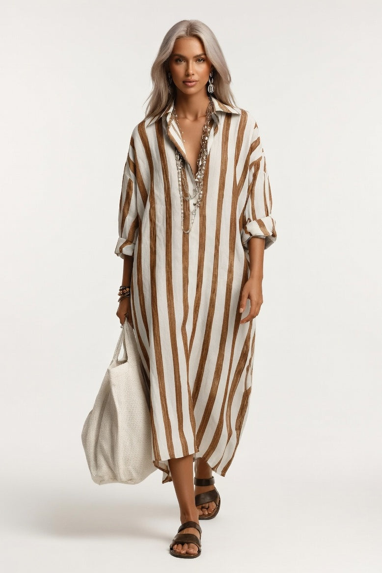 Striped V-Neck Shirt Dress — Dark Brown