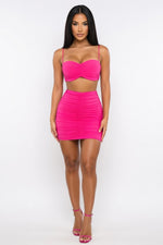 Halter Two-Piece Pleated Set — Neon Pink
