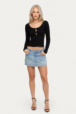 Ribbed Bow Detail Long Sleeve Top — Black