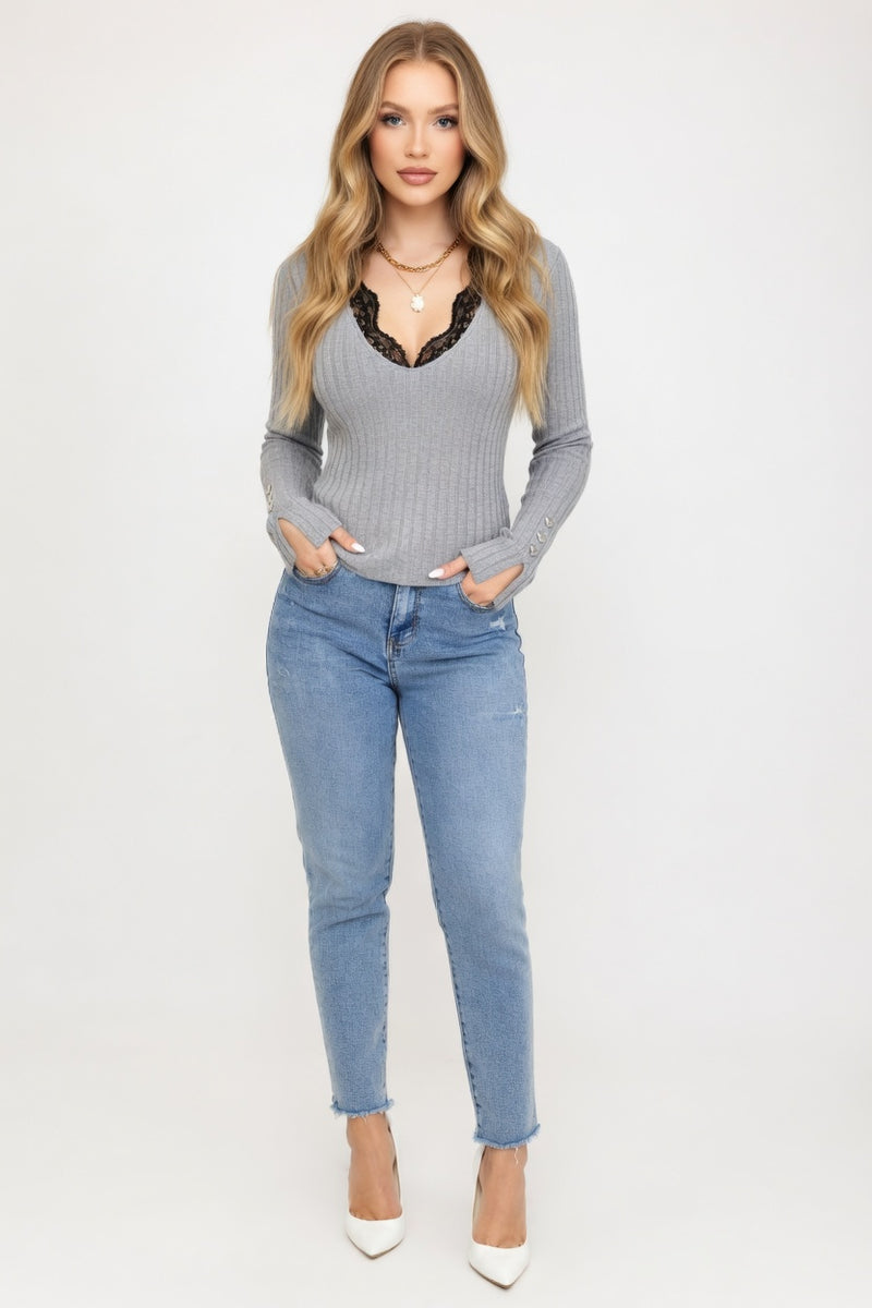 Lace Panel Brushed Long Sleeve Top — front view